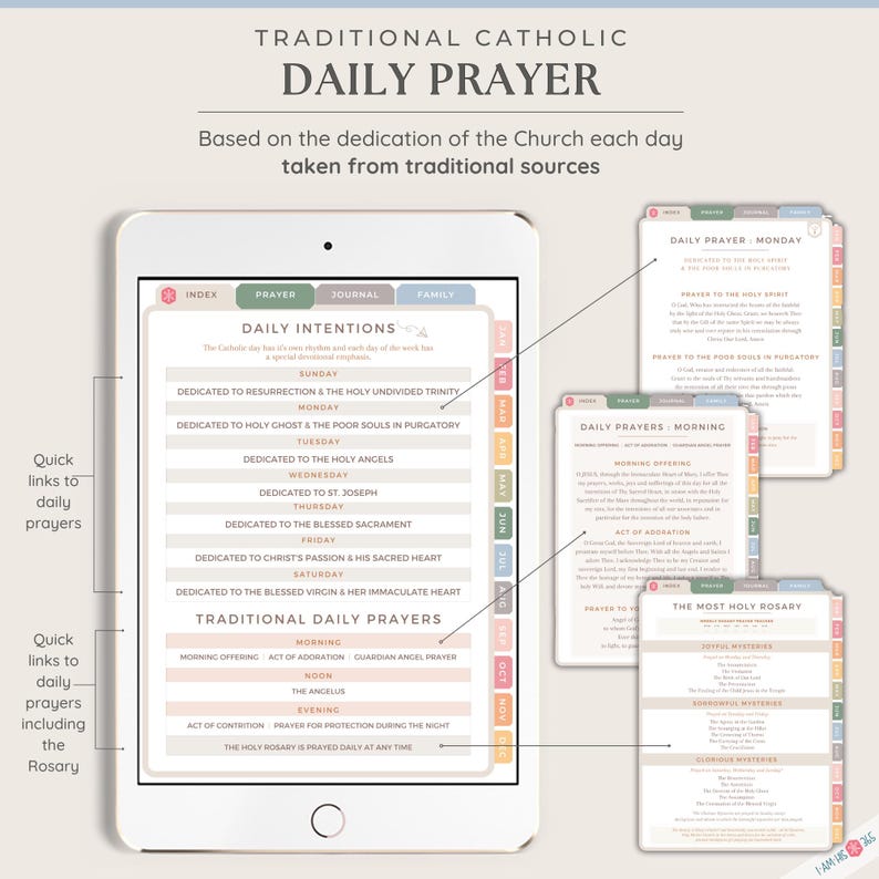 May include: A digital tablet screen displaying a daily prayer guide with a pink, peach, and yellow color scheme. The guide includes a daily prayer intention for each day of the week, traditional daily prayers, and a section for the Holy Rosary.