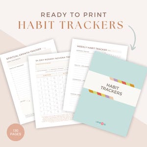 Op de afbeelding: Een set printbare gewoontetrackers met een tealblauwe omslag en kleurrijke strepen. De omslag heeft de tekst "Habit Trackers" en de tekst "I am Healed" in een kleiner lettertype. De trackers omvatten een wekelijkse gewoontetracker, een spirituele groeitacker en een 54-daagse rozenkransnovena-tracker.