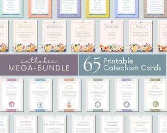Printable Catholic Catechism Cards Mega-Bundle | Works of Mercy | 10 Commandments | Beatitudes | Fruits & Gifts of the Spirit | 65 Printable