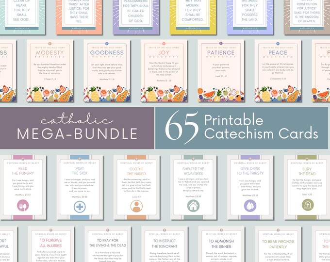 Printable Catholic Catechism Cards Mega-Bundle | Works of Mercy | 10 Commandments | Beatitudes | Fruits & Gifts of the Spirit | 65 Printable