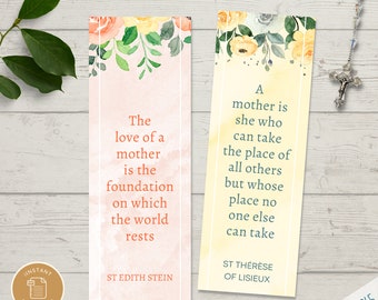 Katholieke heilige quote bladwijzers: aquarel bloemen moederschap cadeau voor Moederdag, babyshower, verjaardag om af te drukken en te knippen
