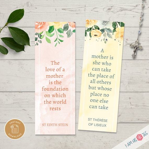 Catholic Saint Quote Bookmarks: Watercolor Floral Motherhood Gift for Mothers Day, Baby Shower, Birthday to Print and Cut