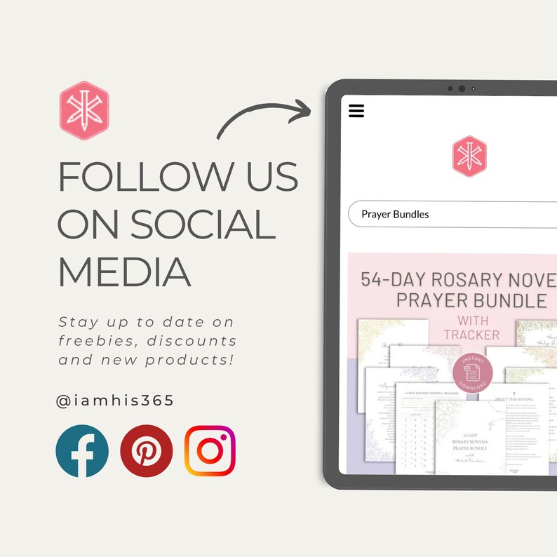 May include: A digital tablet screen displaying a 54-day Rosary Novena Prayer Bundle with Tracker. The bundle includes printable prayer cards and a tracker to help with daily prayer. The screen also shows a search bar with the text "Prayer Bundles".