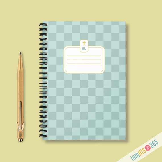 Catholic Lined Notebook | Softcover with JMJ Label Blue Checkerboard Journal for School Homeschool Prayer | Writing Gift for Catholics