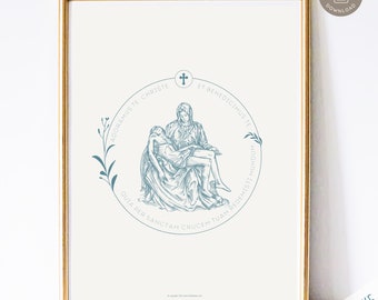 Pieta Katholischer Kunstdruck, Katholischer Wohndekor, Digitaler Katholischer Kunstdruck, Pieta Jesus und Maria mit dem lateinischen Gebet in Blau