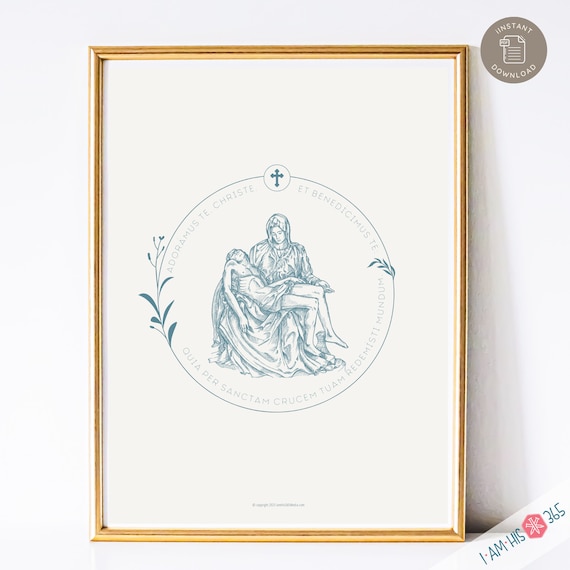 Pieta Catholic Art Print, Catholic Home Decor, Digital Catholic Art Print, Pieta Jesus and Mary With Latin Prayer in Blue