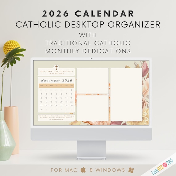 2026 Catholic Calendar Desktop Wallpaper | Floral Holy Desktop Background | Monthly Desktop Calendar Mac & Windows | Catholic Screensaver