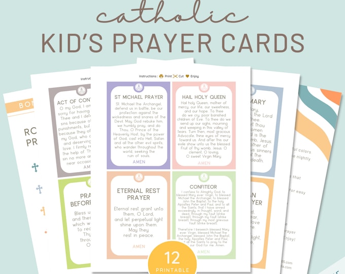 Catholic Children Prayer Cards | Prayers for Children | Printable Prayers for Catholic Kids | Set of 12 Traditional Catholic Prayers