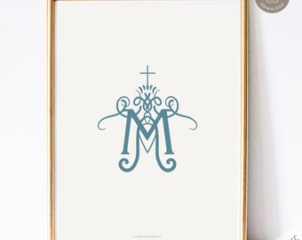 Auspice Maria - Printable Catholic Wall Art Print, Catholic Home Decor, Digital Catholic Art Print, Blessed Mother Monogram in Blue