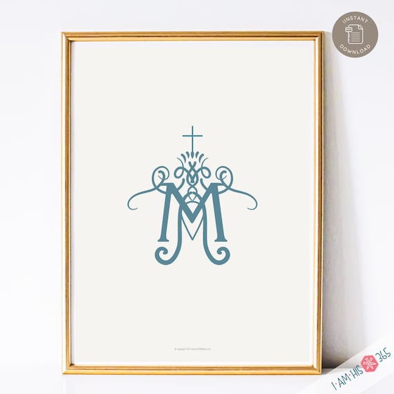 Auspice Maria - Printable Catholic Wall Art Print, Catholic Home Decor, Digital Catholic Art Print, Blessed Mother Monogram in Blue