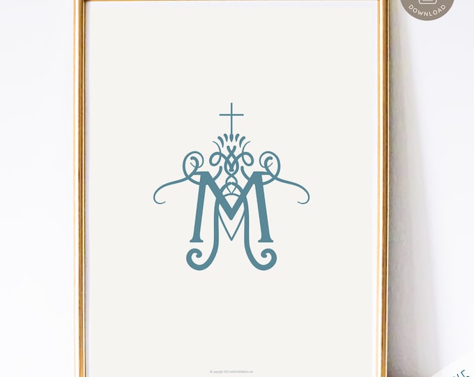 Auspice Maria - Printable Catholic Wall Art Print, Catholic Home Decor, Digital Catholic Art Print, Blessed Mother Monogram in Blue