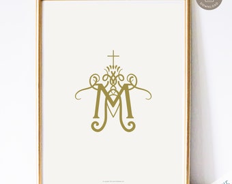 Auspice Maria - Printable Catholic Wall Art Print, Catholic Home Decor, Digital Catholic Art Print, Blessed Mother Monogram in Gold