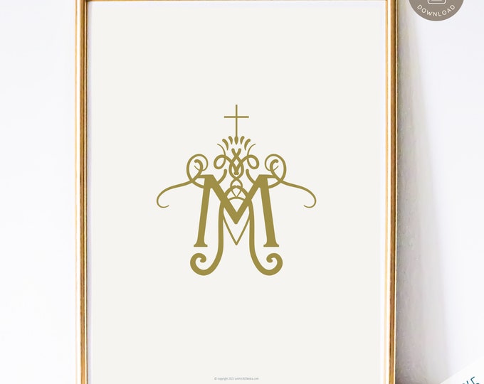 Auspice Maria - Printable Catholic Wall Art Print, Catholic Home Decor, Digital Catholic Art Print, Blessed Mother Monogram in Gold