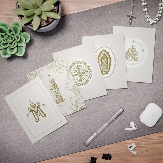 Catholic Greeting Card Set - Pack of 5 Designs with Envelopes | Vintage Gold Art | Cards for First Communion, Confirmation, Holy Orders