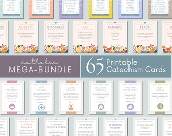 Printable Catechism Cards Catholic Mega-Bundle 65 | Works of Mercy | 10 Commandments | Beatitudes | Fruits & Gifts of the Spirit | Scripture