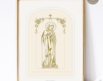 Holy Mary Pray for Us - Printable Catholic Wall Art Print, Catholic Home Decor, Digital Catholic Art Print, Blessed Mother Art in Blue