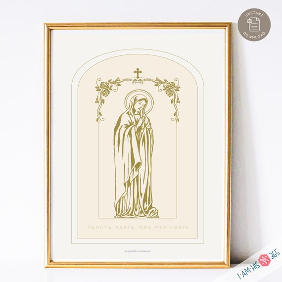 Holy Mary Pray for Us - Printable Catholic Wall Art Print, Catholic Home Decor, Digital Catholic Art Print, Blessed Mother Art in Blue