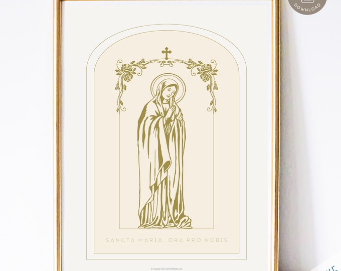Holy Mary Pray for Us - Printable Catholic Wall Art Print, Catholic Home Decor, Digital Catholic Art Print, Blessed Mother Art in Blue