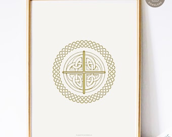 Celtic Round Stone Cross Art Print, Irish Catholic Art Print, Catholic Home Decor, Digital Catholic Art Print, Celtic Cross in Gold