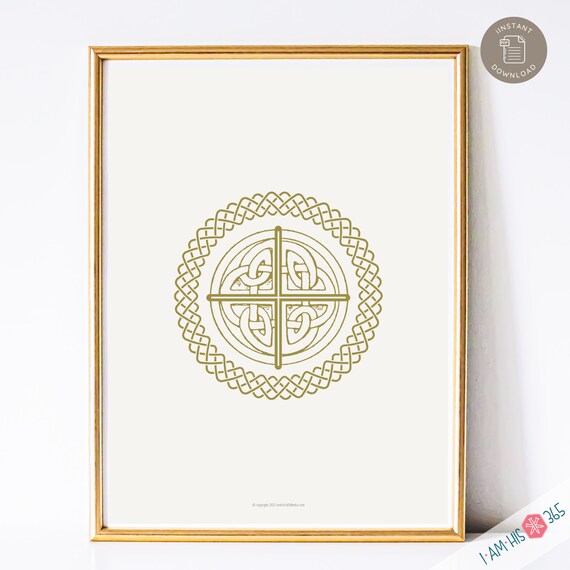 Celtic Round Stone Cross Art Print, Irish Catholic Art Print, Catholic Home Decor, Digital Catholic Art Print, Celtic Cross in Gold