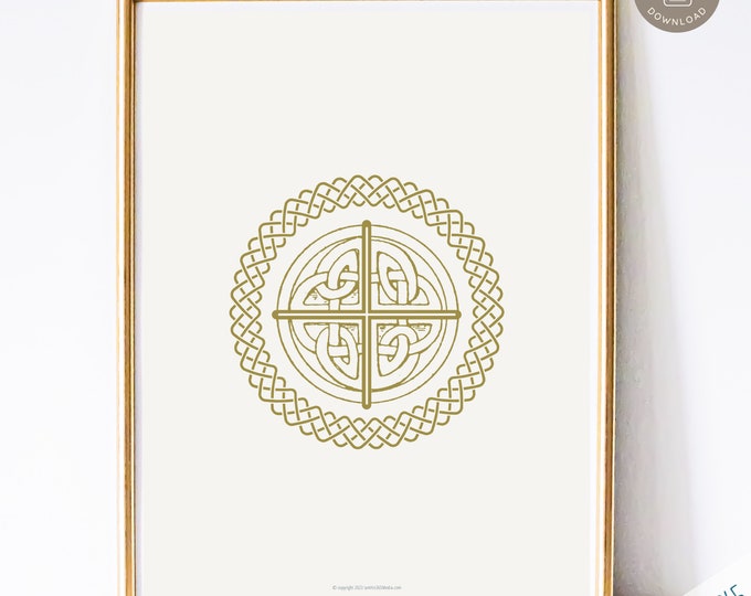 Celtic Round Stone Cross Art Print, Irish Catholic Art Print, Catholic Home Decor, Digital Catholic Art Print, Celtic Cross in Gold