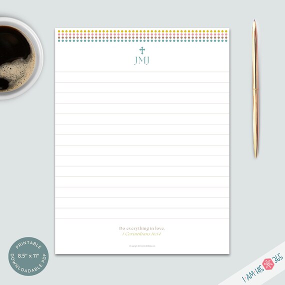Printable Catholic Stationery: JMJ Lined Paper for writing, journaling, notes, lists | Jesus Mary and Joseph Letterhead reminder