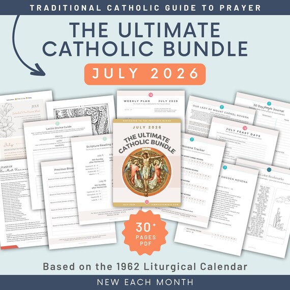 JULY Traditional Catholic Prayer Pack: Printable 1962 Liturgical Planner, Activities, Novenas, Trackers, Lectio Divina, Journaling, Coloring
