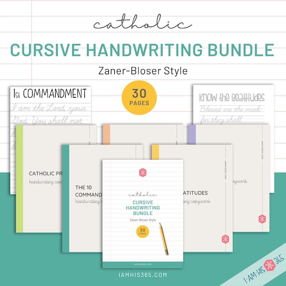 Catholic Cursive Worksheets - 30 page Copywork Bundle | Scripture | Saints | 10 Commandments | Beatitudes | Cursive Handwriting Practice