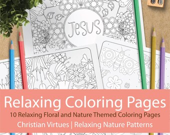 Relaxing Christian Coloring Pages - 10 Pages for Instant Download - Nature, Relaxing, Christian, Virtue, Pattern Coloring Pages