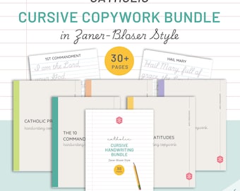 Catholic Cursive Handwriting Copywork Bundle | Scripture | Saints | 10 Commandments | Beatitudes | Cursive Handwriting Tracing Practice