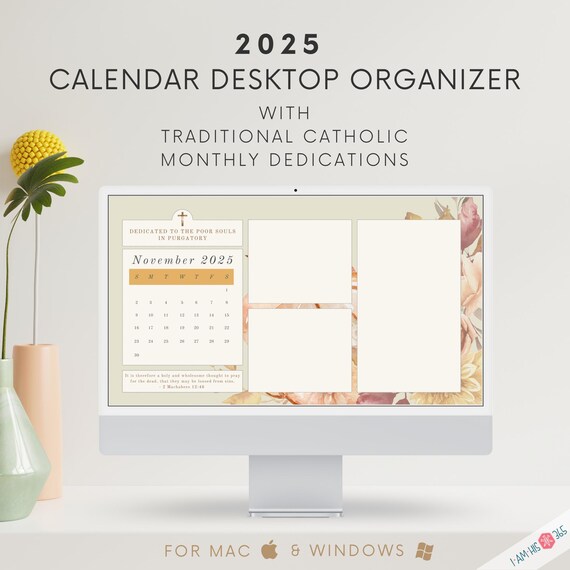 2025 Catholic Desktop Calendar: Floral Organizer Wallpaper (Digital Download)