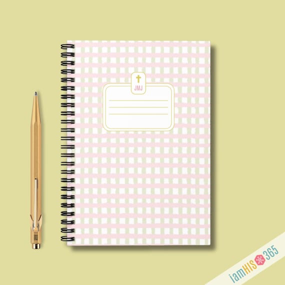 Catholic Lined Notebook | Softcover with JMJ Label Gingham Pattern Journal for School Homeschool Prayer | Writing Gift for Catholics