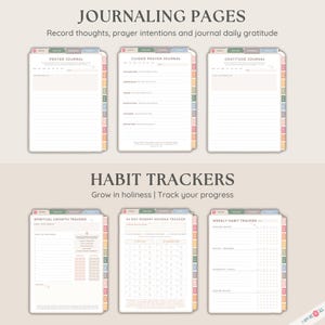 May include: Printable journal pages with colorful tabs for prayer, gratitude, and spiritual growth tracking. Includes a 54-day rosary novena tracker and a weekly habit tracker.