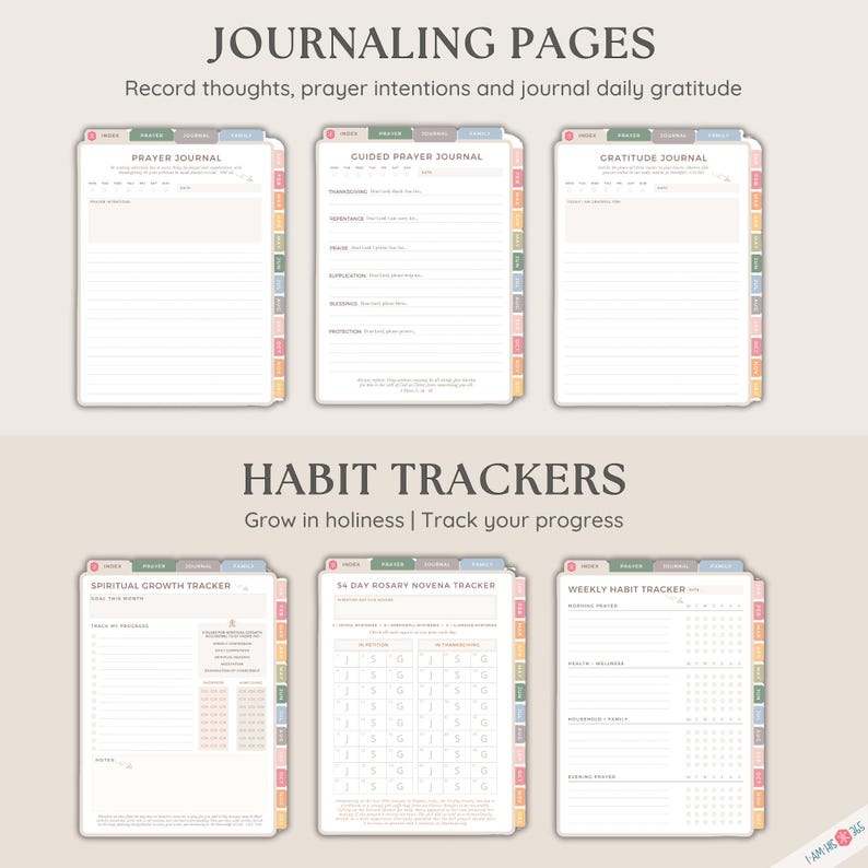 May include: Printable journal pages with colorful tabs for prayer, gratitude, and spiritual growth tracking. Includes a 54-day rosary novena tracker and a weekly habit tracker.