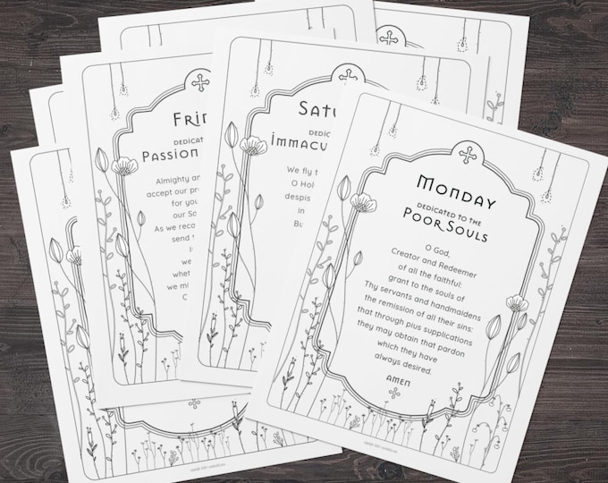 Daily Catholic Prayer Print Set of 7 - Catholic Prayer Printable, Christian Print, Catechism, PDF Download, Color and Pray