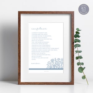 May include: A printable digital download of a blue and white prayer card with the text "Confiteor" and the words of the prayer. The card is decorated with a floral border.