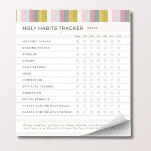 Könnte beinhalten: Ein weißer Holy Habits Tracker mit einem farbenfrohen gestreiften Header. Der Tracker enthält Abschnitte für tägliche Gebete und spirituelle Praktiken mit Kontrollkästchen für jeden Wochentag. Ein Zitat aus Philipper ist unten.