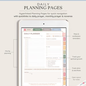 May include: A digital planner for daily organization with sections for scheduling, to-do lists, spiritual growth, and notes. The planner has a light brown background with a light blue, pink, and green color scheme. The planner includes a calendar with the months of January through December.