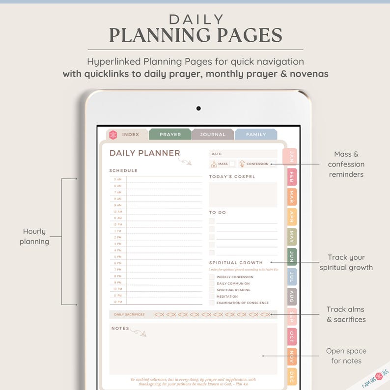 May include: A digital planner for daily organization with sections for scheduling, to-do lists, spiritual growth, and notes. The planner has a light brown background with a light blue, pink, and green color scheme. The planner includes a calendar with the months of January through December.