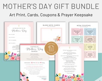 Mother's Day Gift Bundle : 4 Printable Gifts - "A Tribute to Motherhood" Art Print | Gift Coupons | Custom Prayer Keepsake | Blank Notecards