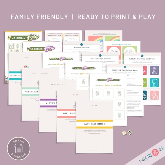 Catholic Games & Activities Bundle: Printable Family Fun for all Ages | Bingo, Dice Games, Conversation Cards, Matching Card Game, Virtues