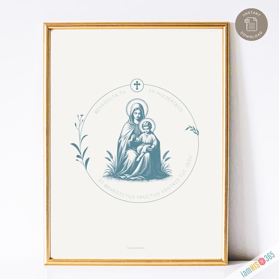 Mary and Child Catholic Art Print, Catholic Home Decor, Digital Catholic Art Print, Jesus and Mary With Latin Prayer in Blue