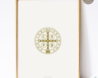 St Benedikt Medaille - Katholische Wandkunst, katholische Wohnkultur, digitaler katholischer Kunstdruck, AMDG, St. Benedikt Medaille in Gold
