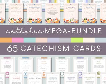 Printable Catechism Cards Catholic Mega-Bundle 65 | Works of Mercy | 10 Commandments | Beatitudes | Fruits & Gifts of the Spirit | Scripture