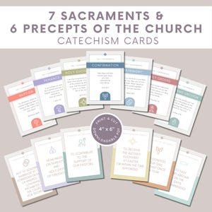 7 Sacramentos & 6 Preceitos dos Cartões de Catecismo da Igreja Católica | Versículo da Bíblia | Cartões católicos tradicionais da escritura da Bíblia | Douay Reims