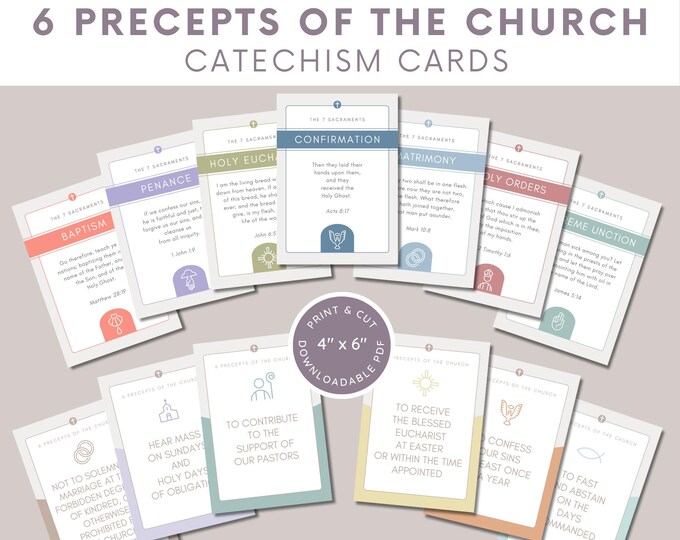 7 Sacraments & 6 Precepts of the Catholic Church Catechism Cards | Bible Verse | Traditional Catholic Bible Scripture Cards | Douay Rheims