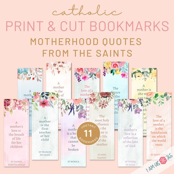Catholic Saint Quote Bookmarks: Watercolor Floral Motherhood Gift (PDF)