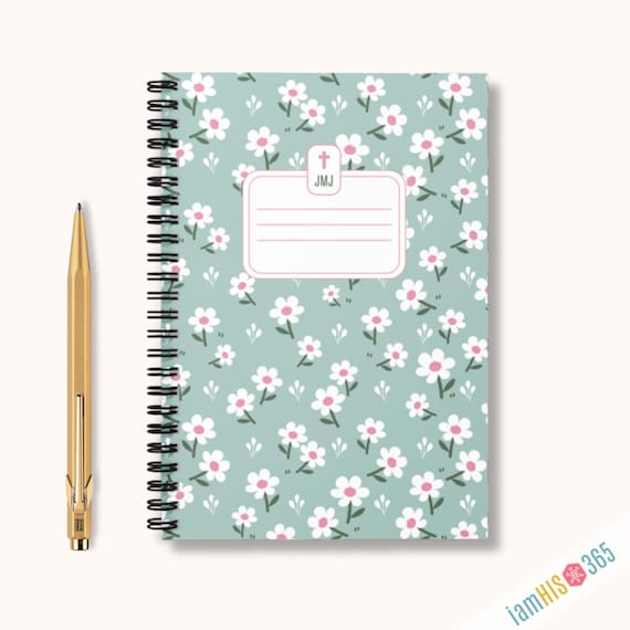 Catholic Lined Notebook | Softcover with JMJ Label Blue Floral Journal for School Homeschool Prayer | Writing Gift for Catholics