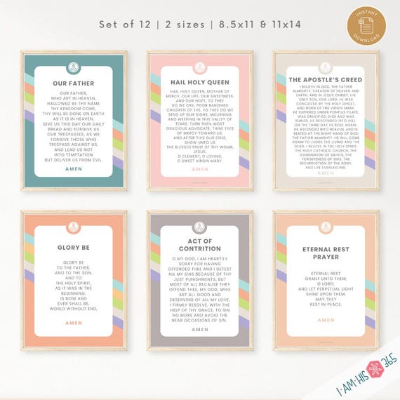 Catholic Prayer Print Set: 12 Traditional Catholic Prayers, Printable Classroom Wall Art, Homeschool Posters, 2 sizes, Digital Download