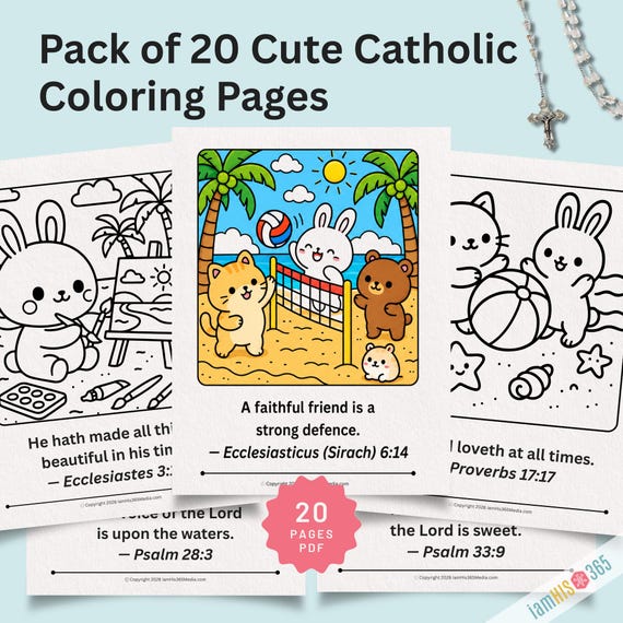 Cute Catholic Coloring Pages - Kids Christian Activity with cute characters with Douay Rheims Scripture for Catechism Bible Study Homeschool